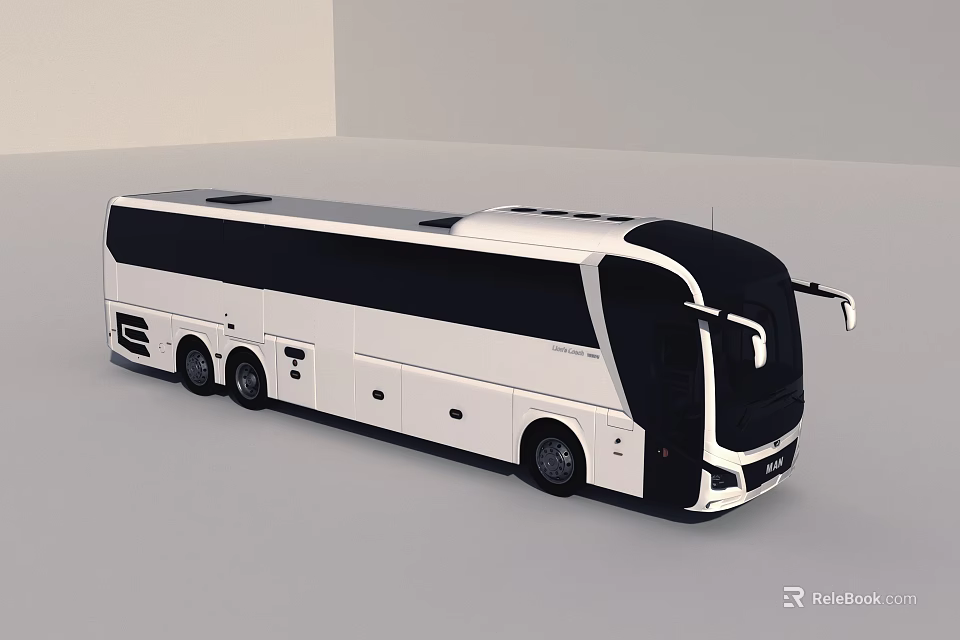 Modern White and Black Coach Bus with Streamlined Body and Large Windows Design 3d model