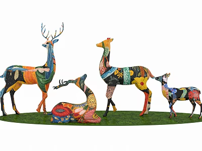 Colorful Deer Sculptures Photo Check in Spot with Diverse Poses on Green Lawn 3d model