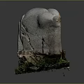Broken Stone Sculpture With Wooden Base And Natural Grass Surroundings