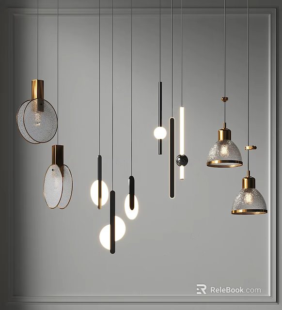 Modern Stylish Pendant Lights With Different Shapes Glass Shades And Metal Frames 3d model 