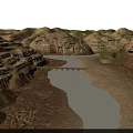 Scenic 3D Terrain Scene With River Arch Bridge Rocky Hills And Stone Terraces