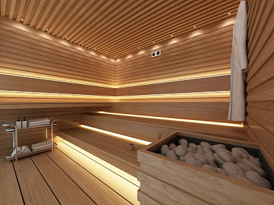 Modern Shower Sauna Interior With Wooden Walls Sauna Stones Lighting And Seating Area 3d model