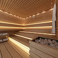 Modern Shower Sauna Interior With Wooden Walls Sauna Stones Lighting And Seating Area