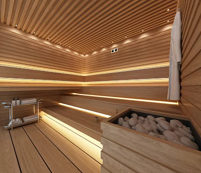 Modern Shower Sauna Interior With Wooden Walls Sauna Stones Lighting And Seating Area 3d model