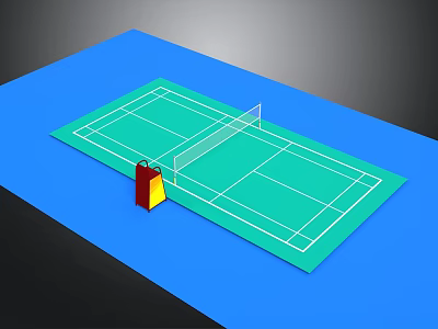 Badminton Court With Green Surface White Lines Net And Umpire Chair 3d model
