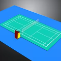 Badminton Court With Green Surface White Lines Net And Umpire Chair