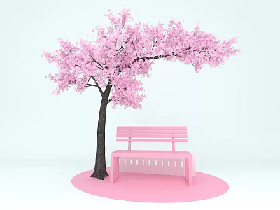 Pink Cherry Blossom Tree And Pink Bench On Pink Circular Ground Against White Background 3d model
