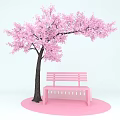 Pink Cherry Blossom Tree And Pink Bench On Pink Circular Ground Against White Background