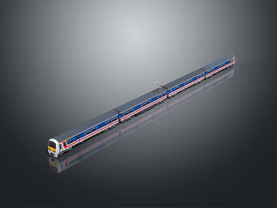 Modern Long Train with Blue Red Stripes and Multiple Carriages 3d model