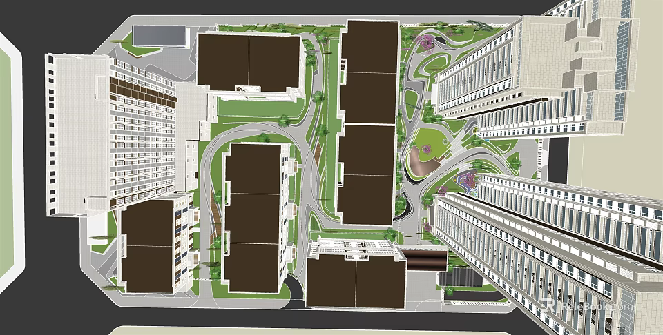 Garden Landscape Design Between High Rise Buildings With Green Areas And Paths 3d model 