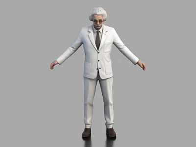 Man in White Suit with White Hair and Glasses Standing Against Gray Background 3d model
