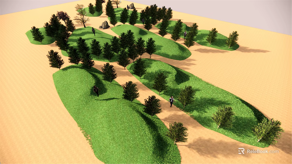 Arbor Trees In Green Grass Rolling Terrain With People Walking 3d model 
