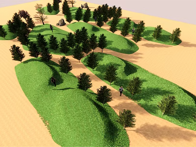 Arbor Trees In Green Grass Rolling Terrain With People Walking 3d model