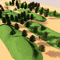 Arbor Trees In Green Grass Rolling Terrain With People Walking