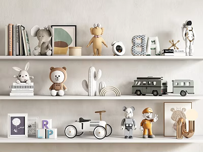 Cute Stuffed Animal Dolls on Shelf with Rabbit Bear Astronaut Robot Figures and Decorative Items 3d model
