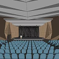Modern Conference Room With Blue Seats Geometric Wall Design And Front Stage