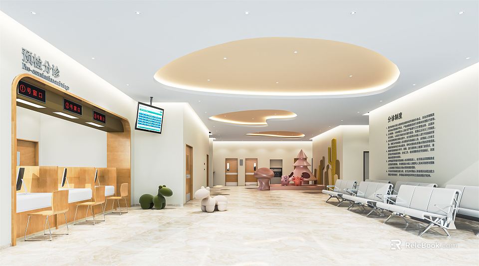 Bright Spacious Hospital Outpatient Clinic Waiting Area With Seating Digital Display And Decorative Plants 3d model 