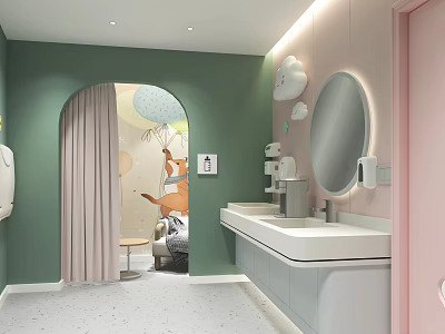 Kid Friendly Public Toilet With Green Pink Walls Washbasin And Mirror 3d model