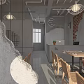 Rustic Restaurant Interior With Wooden Tables Wicker Chairs Circular Window And Gray Concrete Brick Walls