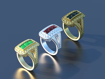 Luxury Square Cut Gemstone Rings with Green Red Blue Stones in Gold and Silver Settings 3d model