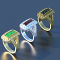 Luxury Square Cut Gemstone Rings with Green Red Blue Stones in Gold and Silver Settings