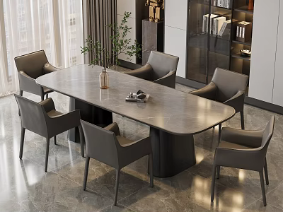 Modern Elegant Dining Table Set With Six Gray Chairs Marble Top Indoor Window And Greenery 3d model