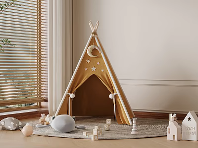 Golden Tipi Tent With Star Moon Patterns And Wooden Blocks Toy House Indoor 3d model