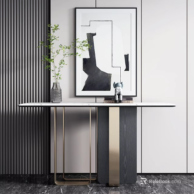 Modern Console Table with Vase Green Plants Artwork on Wall Minimalist Design Metal Legs 3d model 