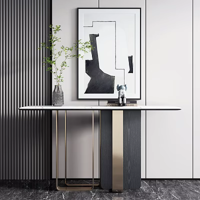 Modern Console Table with Vase Green Plants Artwork on Wall Minimalist Design Metal Legs 3d model