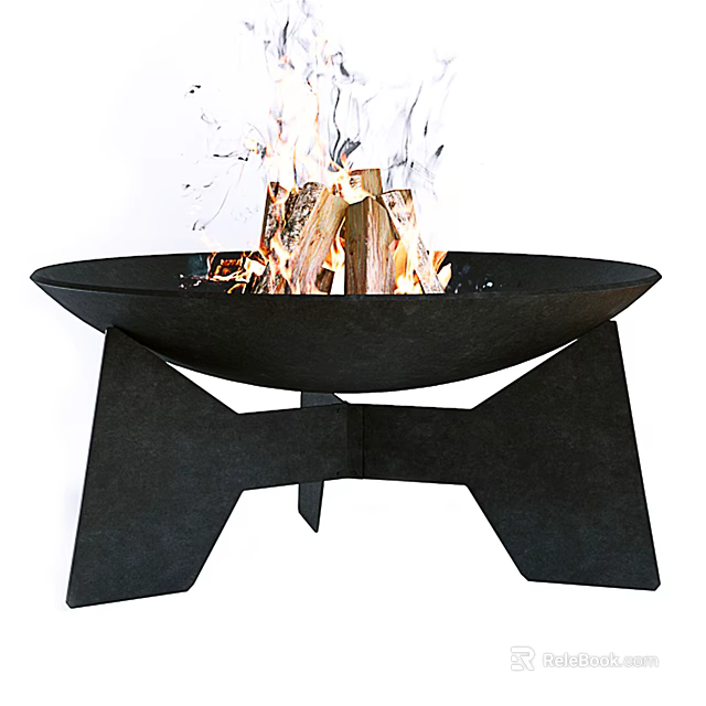 Modern Outdoor Fire Pit With Unique Black Stand And Burning Wood Logs 3d model 