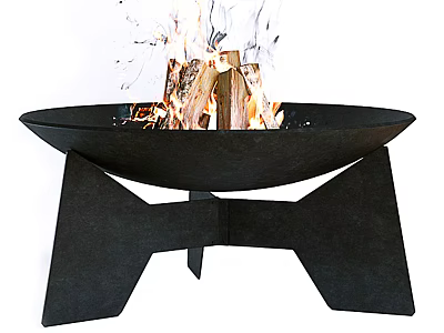 Modern Outdoor Fire Pit With Unique Black Stand And Burning Wood Logs 3d model