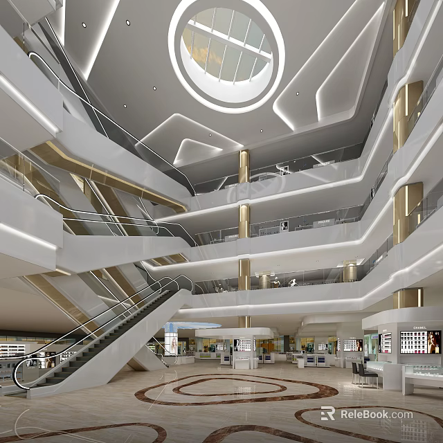 Modern Multi Level Shopping Mall Atrium With Circular Skylight Escalators And Elegant Lighting Design 3d model