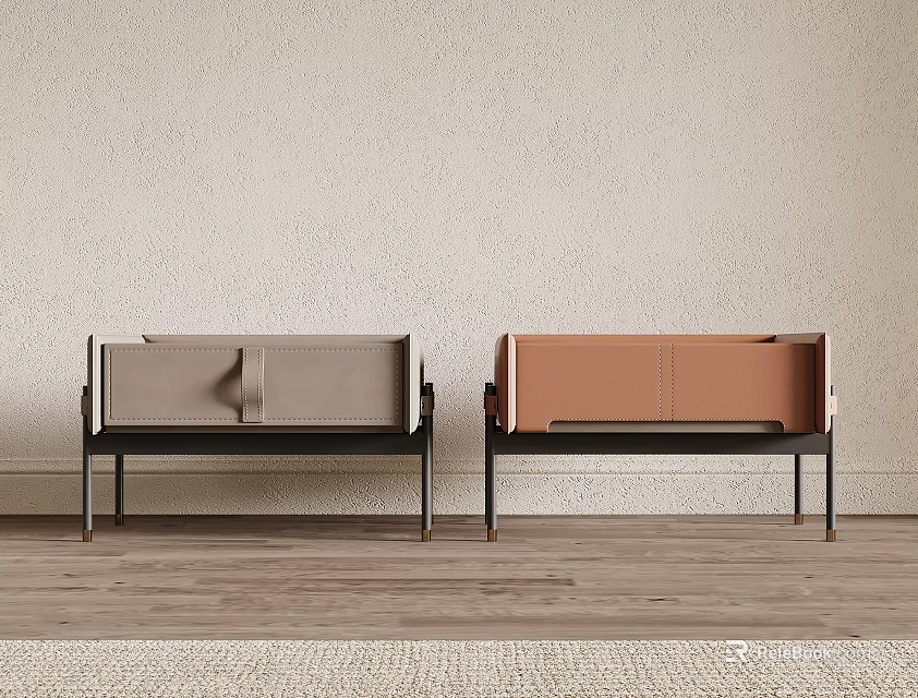 Two Modern Benches With Different Colors Against Beige Wall On Wooden Floor 3d model 