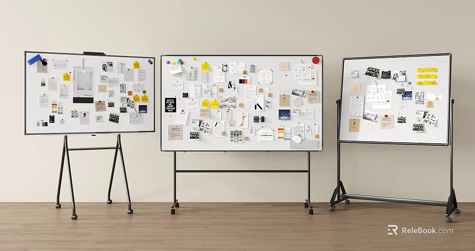 Creative Design Sketches Notes Photos and Materials on Three Whiteboards 3d model 