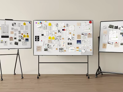 Creative Design Sketches Notes Photos and Materials on Three Whiteboards 3d model