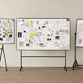 Creative Design Sketches Notes Photos and Materials on Three Whiteboards
