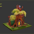 Cartoon Treehouse Building Featuring Tree Trunk Structure Green Leaves Red Antler Decor And Blue Orb
