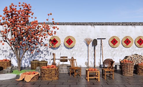 New Chinese-style Farm Tools Village Courtyard Autumn Harvest Rural Courtyard Persimmon Tree Sun Persimmon Farming Farm Tools Bamboo Basket Bamboo Basket Bamboo Table and Chair 3d model