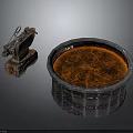 Metal Anvil With Forging Tools And Barrel Filled Red Molten Liquid 3d model