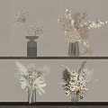 Dried Flowers in Glass Vases on Wooden Shelves with Hydrangea Feathery Blooms and Pine Cones