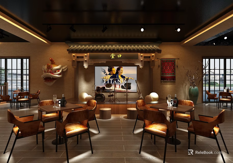 Traditional Chinese Bar Interior Featuring Dragon Decor Wooden Tables And Ambient Lighting 3d model 