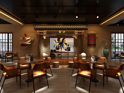 Traditional Chinese Bar Interior Featuring Dragon Decor Wooden Tables And Ambient Lighting 3d model