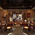 Traditional Chinese Bar Interior Featuring Dragon Decor Wooden Tables And Ambient Lighting