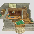 Medieval Stone Chamber Interior With Wooden Staircase Counter Bookshelves Barrels Magic Scroll And Green Rug