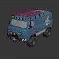 Blue Off Road Vehicle With Red Roof Rack Yellow Lights And Gear Logo