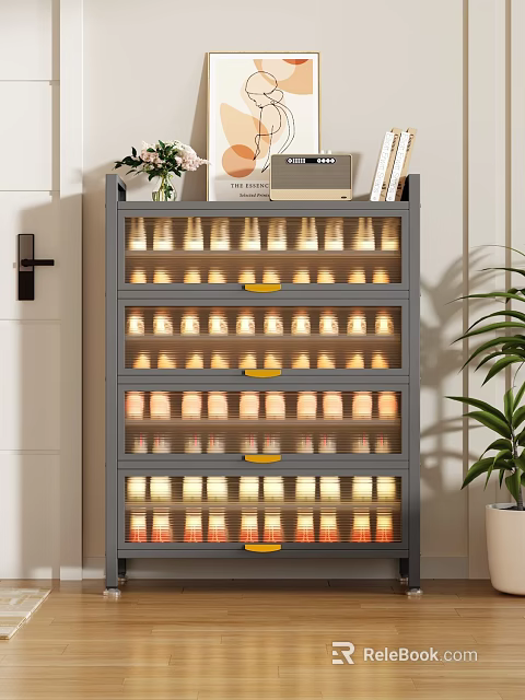 Modern Gray Multi Tier Shoe Cabinet With LED Lighting And Yellow Handles 3d model 
