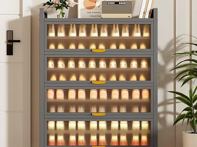 Modern Gray Multi Tier Shoe Cabinet With LED Lighting And Yellow Handles 3d model