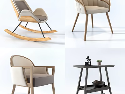 Various Style Leisure Chairs With Wooden Frame Woven Back And Upholstered Seat 3d model