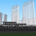 Modern Commercial Street With Glass Facades Lighting Shops And High Rise Buildings