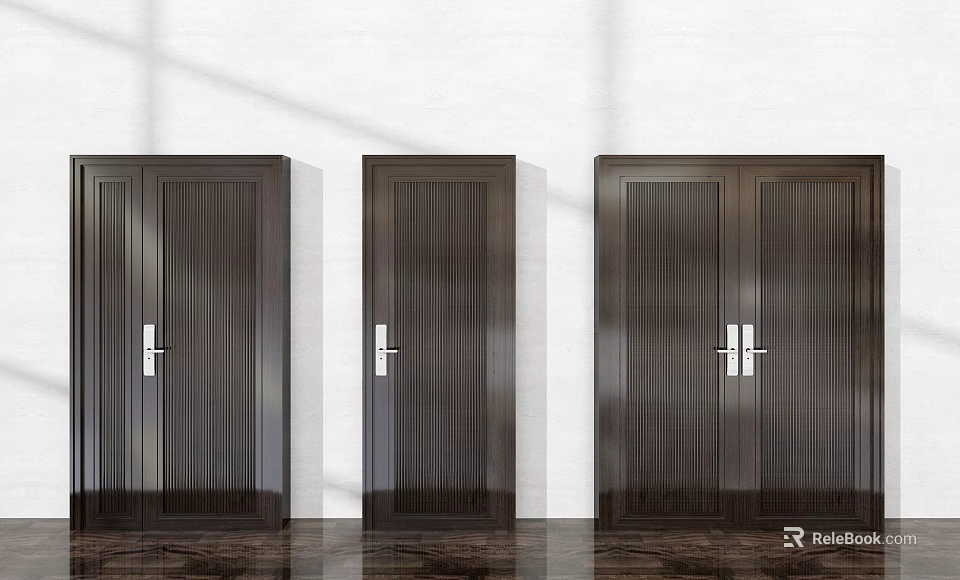 Modern Dark Double Doors With Vertical Stripes Silver Handles And White Wall 3d model 